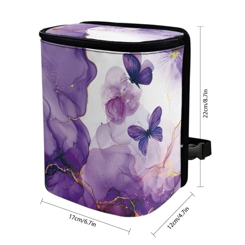 Image of Talayituse Purple Marble Butterfly Print Car Trash Can with Lid, Leak Proof Auto Trash Bag Hanging Vehicle Garbage Can Multipurpose Storage Container for Back Seat Road Trip