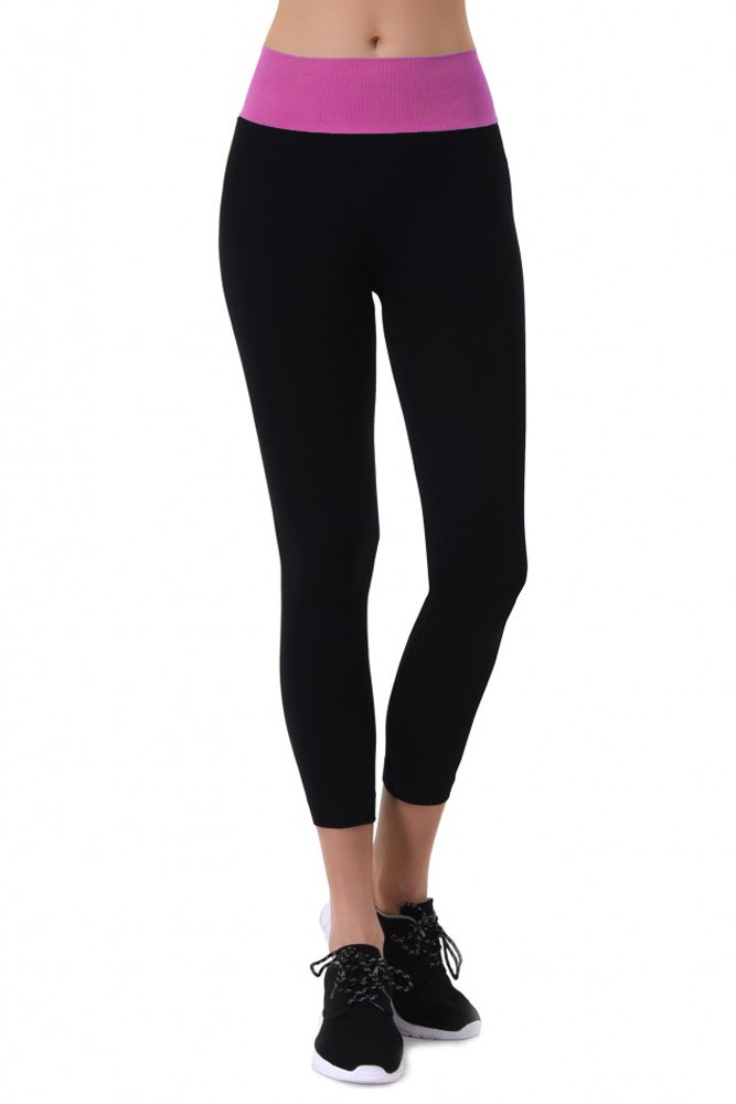 Women's High Waist Two Tone Capri Length Leggings Free Size (Fuchsia(Capri_Length), One Size)