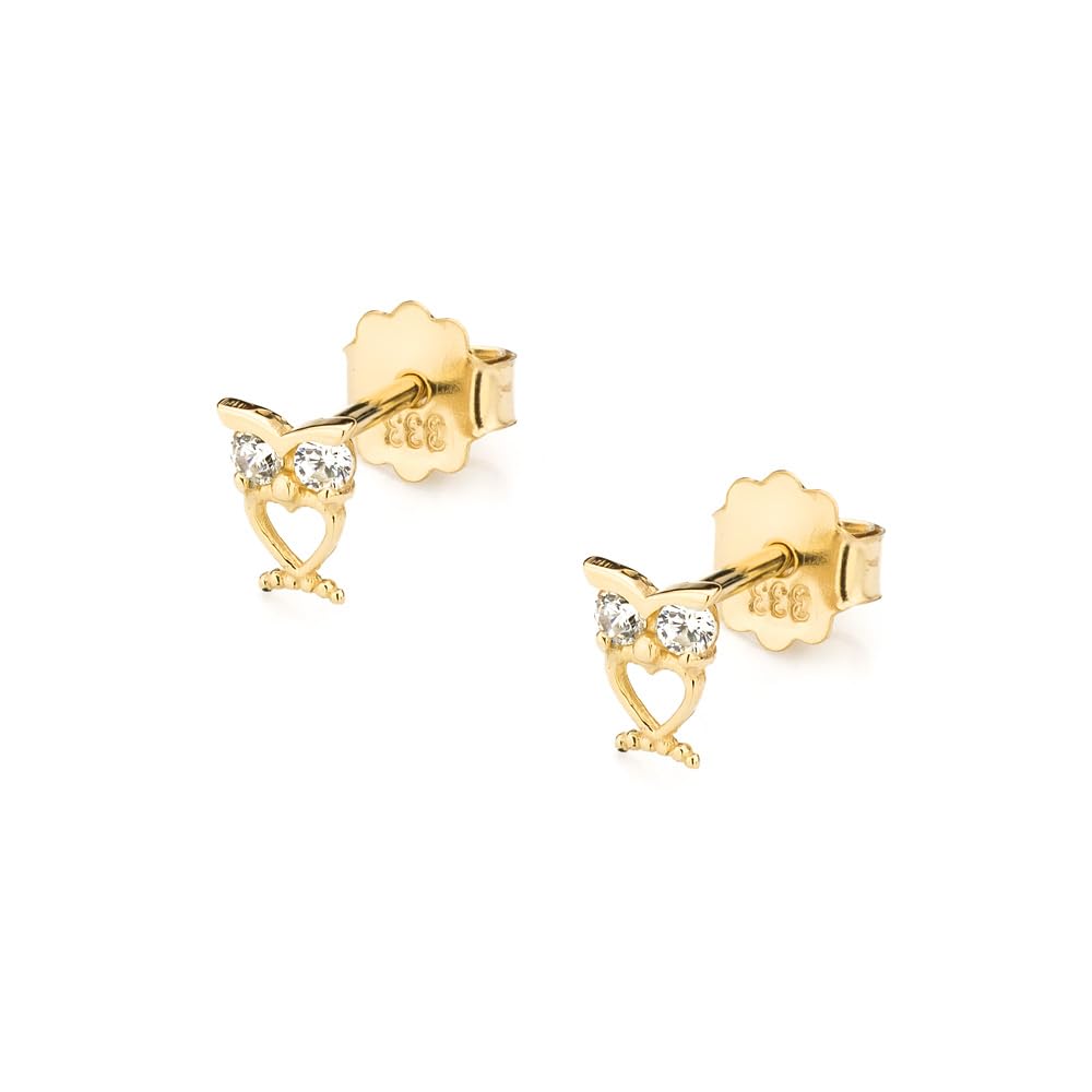 Orecchini per bambini in oro giallo 333 (8 carati) a forma di gufo con zirconi e cuore, ideali come regalo per comunione e battesimo