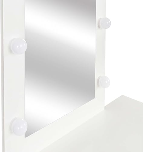 Miniatura 9 de Moderno juego de mesa de tocador con 9 luces LED espejo y taburete, brillo ajustable, tocador de maquillaje con cajones de almacenamiento y estantes