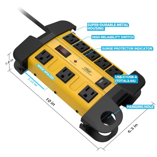 CRST protector de sobretensión industrial metálico de 8 tomas con USB-C, con interruptor y cable de extensión de 6 pies, 15A, 1350 julios miniatura 4