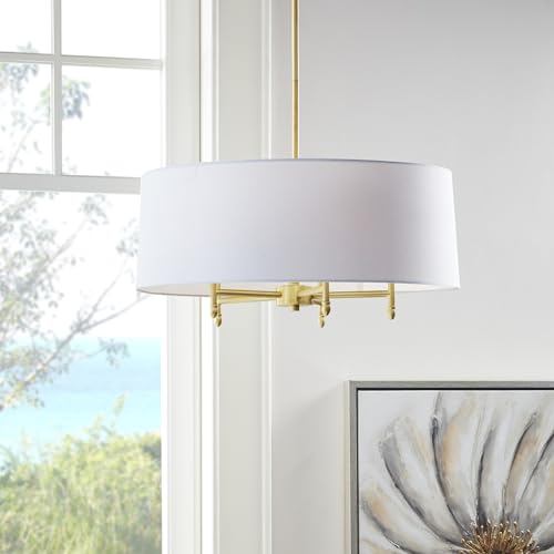 Hampton Hill Presidio 5 Modern Chandeliers-Metal, White Fabric Shade Pendant Light Lamp Ceiling Dining Lighting Fixtures Hanging, 24" Wide, Gold/White - Image 3