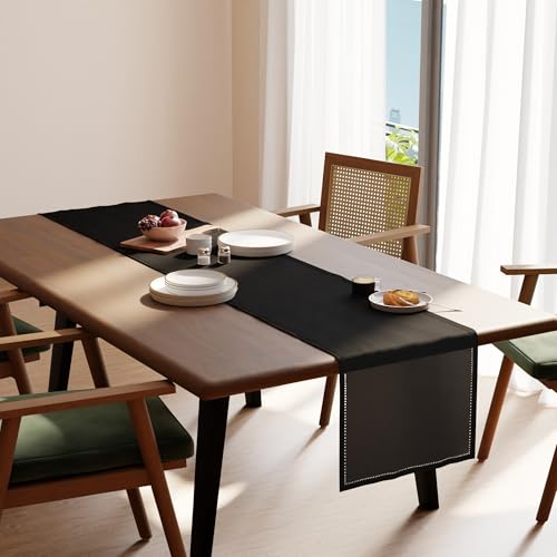 Image of Encasa Homes Pure Cotton Hemstitched Table Runner for 8 Seater Dining of Size 32x230 cm - Black | Decorative Cloth for Party, Home, Cafes, Restaurant & Hotels - Machine Washable