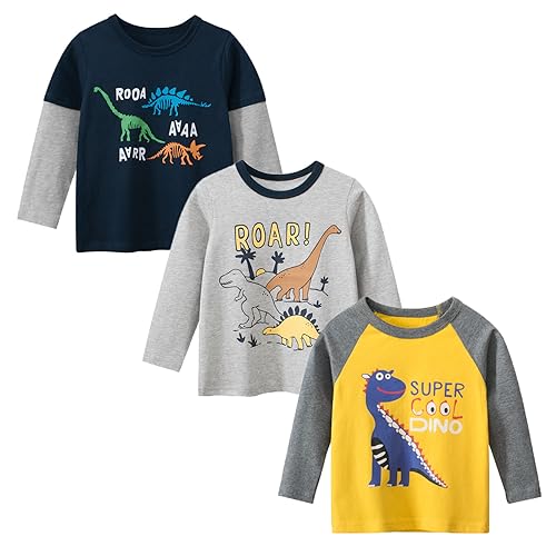 Toddler Boys Girls Long Sleeve T-Shirt Cotton Crewneck Casual Shirts 3 Pack Kids Fashion Graphic Tops 2-9Y