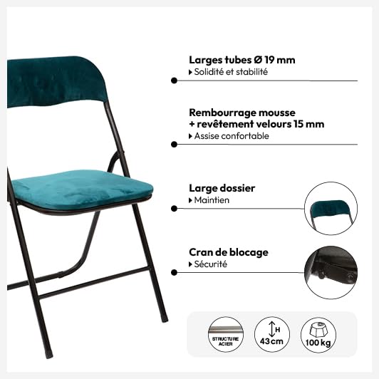 Lot De 2 Chaises Pliantes - Chaise De Salle à Manger Pliable Avec Coussin Tissu Effet Velours 88042506