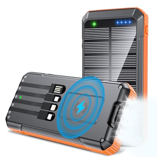 Kigoker Power Bank Cargador inalámbrico integrado 4 cables 7 salidas 22.5 W Banco de energía de carga rápida para todos los dispositivos móviles, 4 entradas cargador solar portátil con linternas