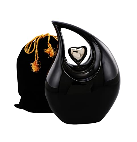 Urnen für Asche, Herz der Liebe Urne für Asche, Kolumbarium oder Zuhause, Einäscherungsurnen für menschliche Asche Erwachsene 220 Kubikzoll: mit Samtbeutel (Schwarz Silber) Cover