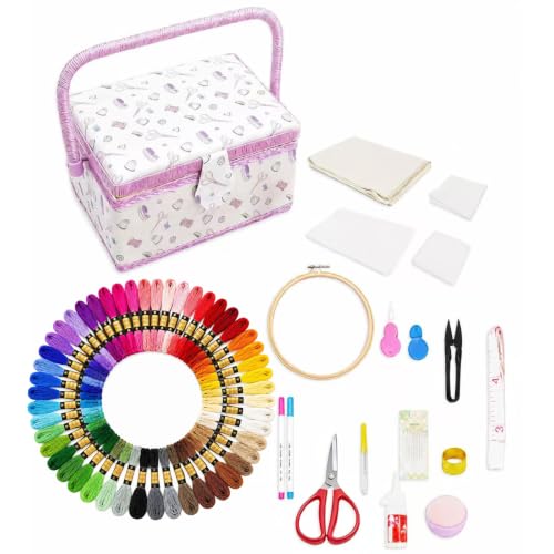 Embroidery Storage Basket Kit with 16 Essential Tools 50 Colour Threads Fabric Embroidery Hoop Needles Scissors Measuring Tape Marking Pens and Cross Stitch Accessories for DIY Crafts