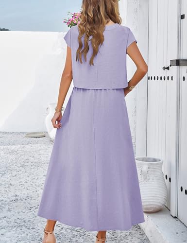 Image of HangNiFang Summer Skirt Sets Women 2 Piece Outfits Cap Sleeve Top Elastic Waist Maxi Dress Sets with Pockets