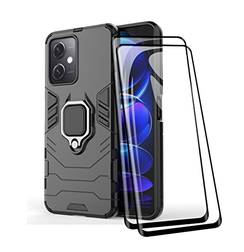 TEYYOS Funda + [2 Piezas] Protector de Pantalla para Xiaomi Poco X5/Redmi Note 12 5G, TPU/PC Antigolpes Armor Protección Carcasa [360° Soporte] con 9H Dureza Vidrio Templado Protector, Negro