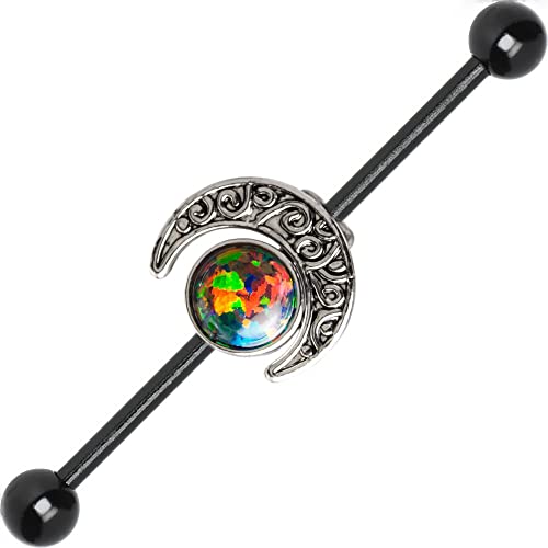 Bodyjewelryonline Industrial Barbell, Removable Opal/Moon Charms, 14 Gauge Cartilage Ring Steel, 3 Barbells [2 Extra Bars],Black Opal, Black Ip Coated, Long-Lasting Color, Durable #TOP2