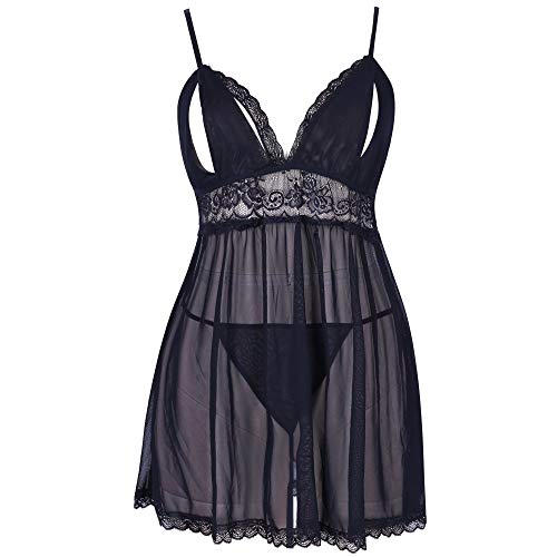 XAKALAKA Women's Plus Size Sexy Strappy Lace Babydoll Chemise Split Front Lingerie Set Black XXXL