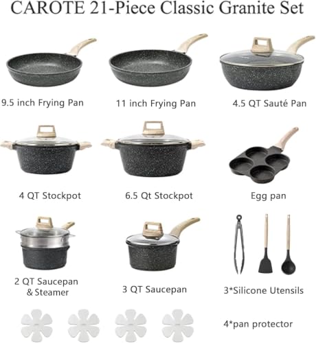 CAROTE 21pcs Nonstick Pots and Pans Set, Cookware Sets, with Egg Pan | Induction Kitchen Cooking Set, Easy Clean, Even Heating, Stay Cool Handle, Induction Compatible - image 2