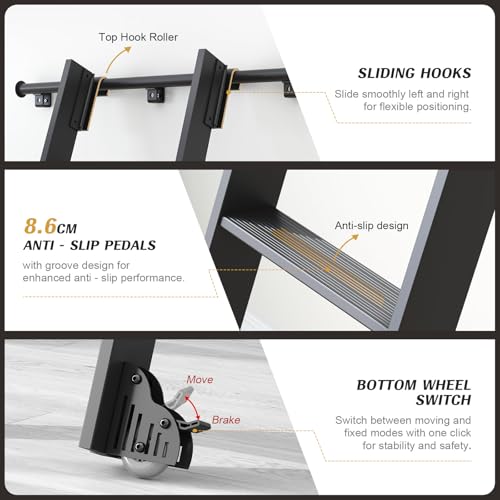 Image of Fredbeck 9ft Black Library Aluminium Step Ladder 108 inch and 4FT Sliding Track | Rolling rollers,Bottom Wheel Included,for Kitchen,Loft,Warehouses,Bookstore,Atti,Dressing Room,Metal