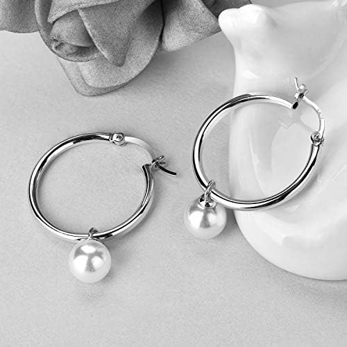 JO WISDOM Pearl Hoop Earrings,925 Sterling Silver 7mm / 8MM Pearl Drop Earrings with White Gold Plated,Wedding Earrings for Women Girl