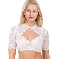 Aomig Damen Dirndl Bluse, Weiße Spitze Trachtenbluse mit Rundhals und Kurzarm, Elegant für Oktoberfest, Stretch Halbarm Tracht Bluse(L)