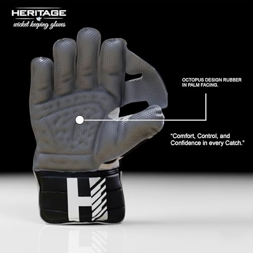 Image of Heega Heritage Leather Cricket Wicket Keeping Gloves for Professional Players | Durable Construction, High-Density Finger Protection, Ergonomic Design for Enhanced Flexibility and Comfort Black Youth