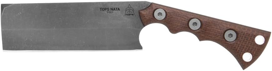 TOPS Knives NATA Full Tang Fixed Blade- Midnight Bronze Blade Finish- Chocolate Leather Sheath (Black Canvas/Brown Burlap Micarta Handle)