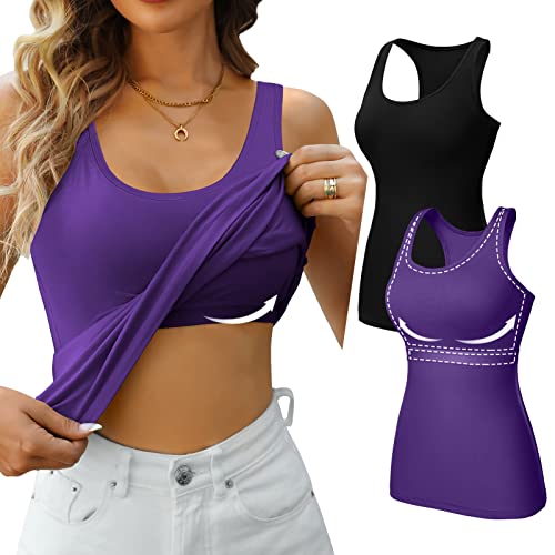 Image of V FOR CITY Womens Unpadded Shelf Bra Tank Tops Racerback Workout Camis Yoga Shirt Cotton Undershirt 2 Pack