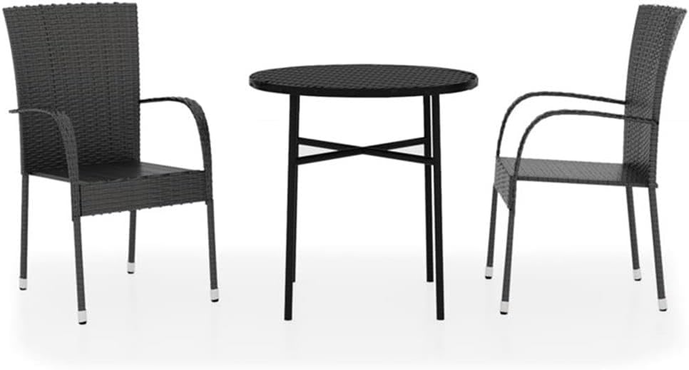 BOWERY HILL 3-Piece Poly Rattan Patio Dining Set, Powder-Coated Steel Frame, Black Finish, Compact Outdoor Garden Furniture, Space-Saving Stackable Chairs, Seats 2 for Balcony or Terrace Dining