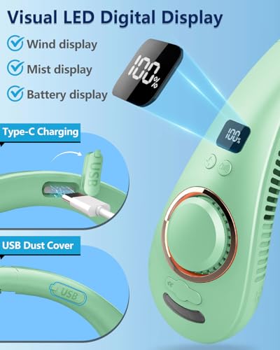 Image of Neck Fan that Blow Cold Air with Water Mist, Rechargable USB-C & LED Display, Personal Ventilador de Agua de Aire Frio, Mobile Portable Wearable AC Fans for Kid Girl Mens Outdoor Travel Sports, Green