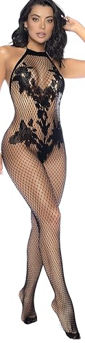 Bodystocking résille florale en vino noir, noir, taille unique