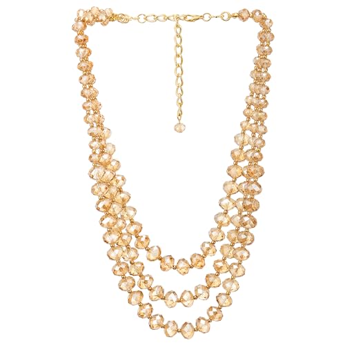 COOLSTEELANDBEYOND Champagne Crystal Beads Statement Necklace, Three-strand Layered Necklace, Waterfall