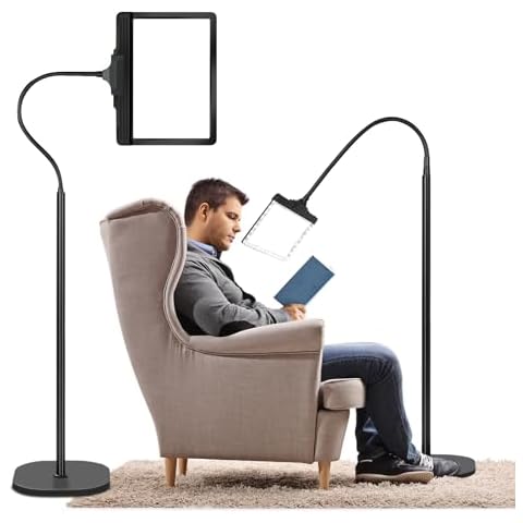5X Rechargeable Floor Magnifying Glass with Light and Stand,43 LED Flexible Hands Free Magnifying Lamp,2-in-1 Large Lighted Magnifiers for Reading,Sewing,Crafts,Painting,Close Work,DIY Black Cover