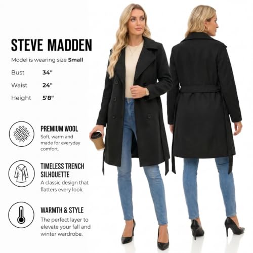 Image of Steve Madden Trench Coat for Women - Double-Breasted Long Winter Faux Wool Coat