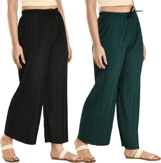 AALIT Women's Tailored Low Rise Palazzo Pants Combo (in, Alpha, XL, Black::Green)-picture-46