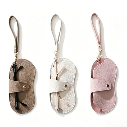 WANIXIA Lot de 3 pochettes à lunettes à suspendre en cuir synthétique, fermeture à bouton-pression, marron, blanc ivoire, rose cerisier, 17,5 x 7,5 cm, avec dragonne amovible