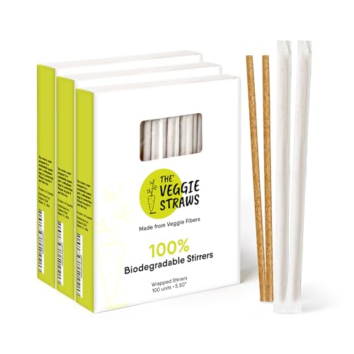 100% Biodegradable Individually Wrapped Cocktail Stirrers – 300 PCS of 5.50 Inches Premium Quality Disposable Coffee Stirrers, Best Biodegradable Stirrers for All Drinks – By The Veggie Straws