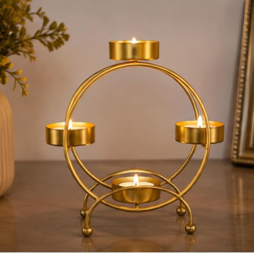 Image of Webelkart Premium Gold Tealight Candle Holder with 5 Candle Cups | Decorative Candle Stand for Home Decor, Living Room, Dining Table, Bedroom & Diwali Festive Decoration (7 inch Inches)