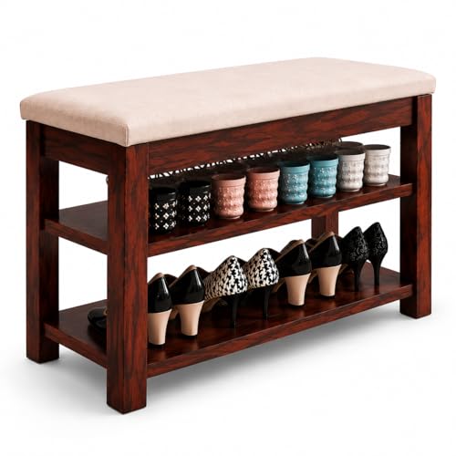 Image of OGESTA Premium Sheesham Wood Shoe Rack with Upholstered Bench - 2-Tier Solid Wood Entryway Shoe Organizer - Durable Hallway Storage Bench for Living Room & Bedroom (Teak, 31inch)