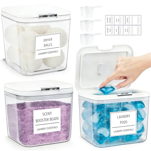 Domigard Lot de 3 boîtes de rangement pour lessive avec étiquettes et cuillères, récipient à lessive avec fermeture à pression, boîte à lessive pour...