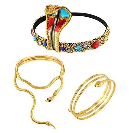 Hifot 3 Piezas de Accesorios de Disfraz Egipcio - Diadema de Cleopatra, Brazalete de Serpiente y Collar de Serpiente para Mujeres con Disfraz de Reina Egipcia, Conjunto de Joyas Egipcias para Disfraz