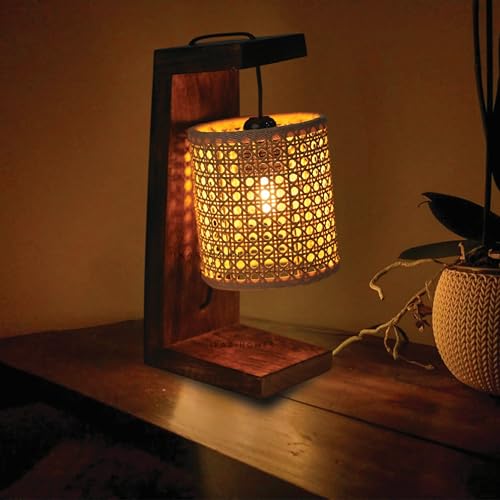 Image of Ikari Homes Vintage Table Lamp I Indonesian Rattan Cane with Braided Wire I Boho Table lamp for Bedroom /Living Room /Office Desk /Restaurants - (Rattan Hex Shade)