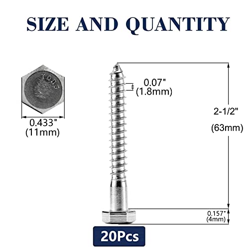 Image of 1 /4 inch x 2-1 /2 inch Hex Head Lag Screws Bolts 20Pcs 304 Stainless Steel 18-8, Partial Thread, Hexagon Head Wood Screws by SG TZH