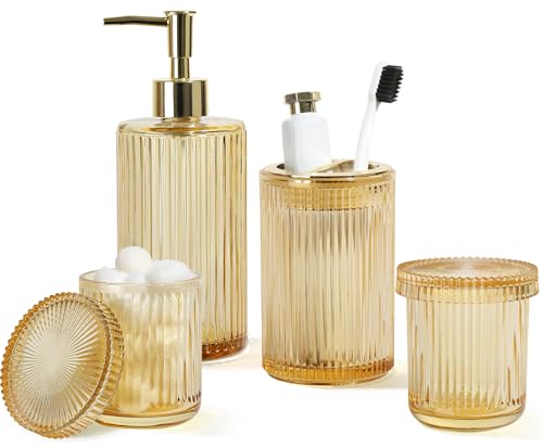 KASUNTING Gold Bathroom Accessories 4 Pcs, Gold Glass Soap Dispenser