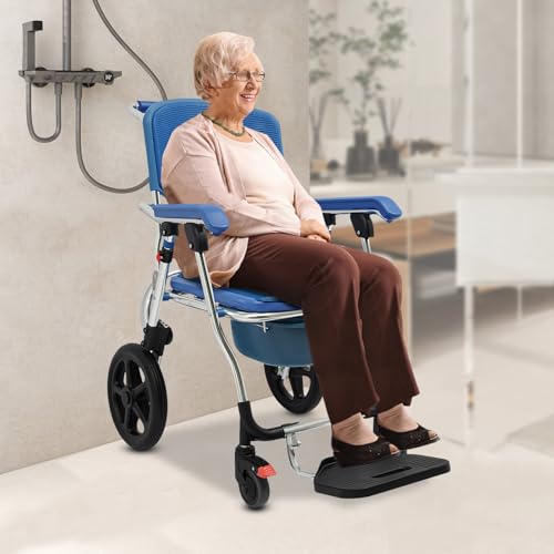 Fauteuil de douche pliable - Fauteuil roulant avec accoudoirs - Roues et frein - Charge maximale : 125 kg - Pour personnes âgées handicapées - 59 x 50 x 91 cm - Bleu