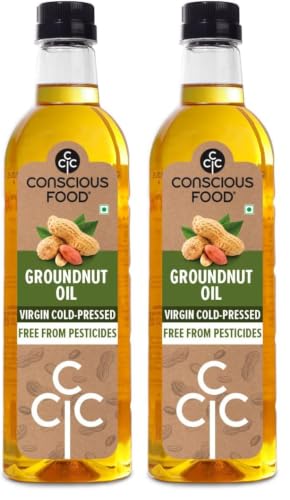 Image of Conscious Food Cold Pressed Groundnut Oil |1 liter | Peanut Oil | Natural | Cooking Oil | Kolhu /Kacchi Ghani /Chekku | Mungfali tel | PET bottle (Pack of 2)