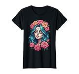 tunique tete de mort pas cher Visage peint, cheveux turquoise, original, raffiné, chic, avec des fleurs. Crâne mexicain de la fête des morts, calavera. Design skull féminin pour une femme ou une adolescence qui aime le style Dia de los Muertos & les têtes de mort mexicaines colorées.