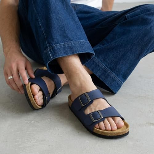 Image of CUSHIONAIRE Lane Cork Footbed Mens Sandals, Adjustable Buckle Comfort Slides for Men, Genuine Leather Insole Summer Sandals Men Footwear