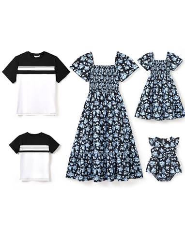 Image of PATPAT Family Matching Outfits Mommy and Me Dresses Floral Dress & T-Shirts | Mommy and Me Easter Dresses, Puff Sleeve Floral Sundress, Cotton Blend T-shirts, Couples Party Wedding Vacation Outfits