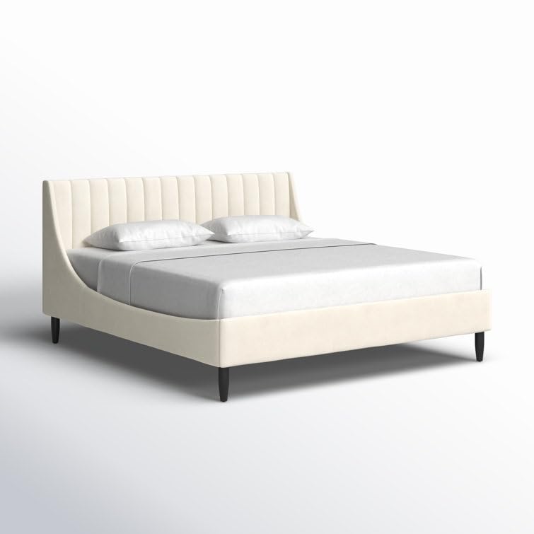 Image of HITHOS Solid Wood Modern Upholstered King Size Bed with Wingback Headboard | Wooden Double Bed Cot Palang Without Storage 1 Year Warranty (French Beige)