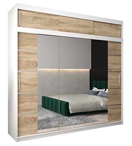 Armoire à Portes coulissantes Verona 4 250 avec Miroir Armoire avec Tringle et étagère Armoire de Chambre à Coucher (Blanc Mat + Chêne Sonoma avec Extension)