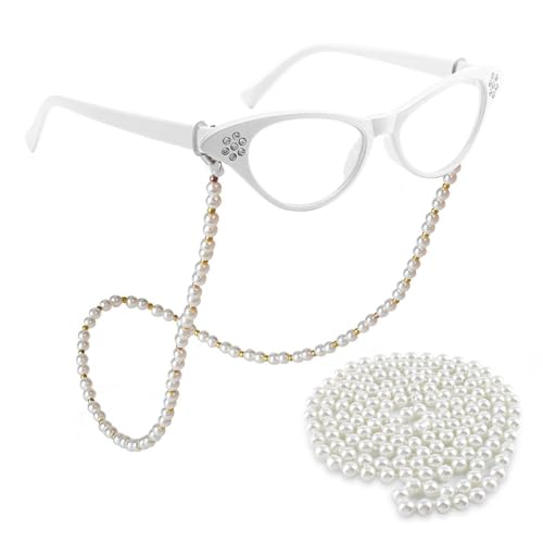 HIYMDOIT Old Lady Costume Accessories for Women Rhinestone Cat Eye Glasses Beaded Faux Pearl Necklace Cosplay Dress Up Accessories (White)
