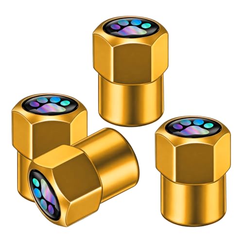 Tuxihapp 4PCS Cat/Dog Paw Tire Valve Stem Caps Cover, Hexagonal Alloy Corrosion Resistant Tire Air Valve Cap, Leak-Proof Dustproof Dog Paw Print Wheel Stem Covers for Car SUV Motorcycle Bike(Gold)