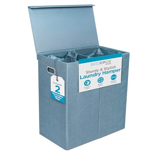 Image of BIRDROCK HOME Laundry Hamper with Lid | Removable Bags for Sorting Clothes | Sectioned Laundry Basket for Bedroom & Bathroom | Collapsible Storage Bin with Cover | Double, Light Blue