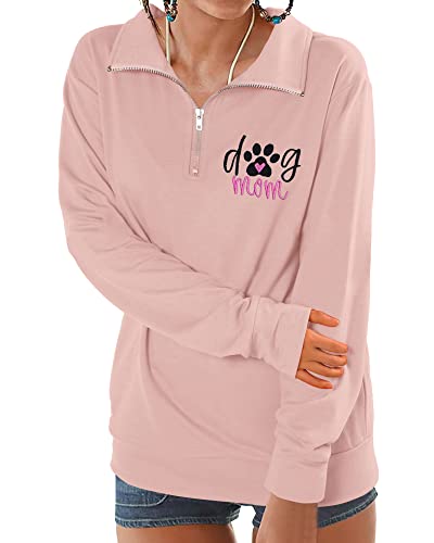 Mousya Dog Mom Sweatshirt Women Embroidered Dog Paw Long Sleeve Shirt Mama Pullover Blouse High Collar Quarter 1/4 Zip Coat Pink #TOP2